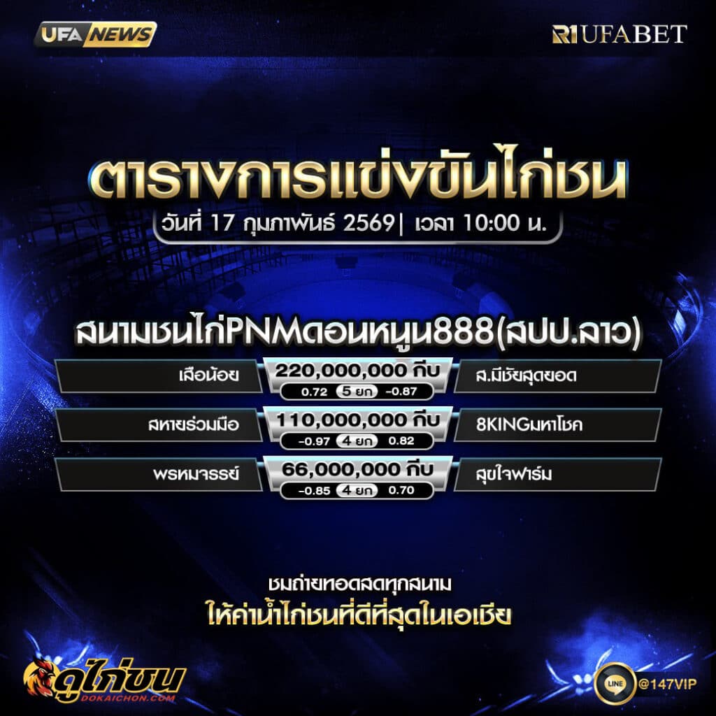 ตารางไก่ชน 17-02-69 สนาม PNMดอนหนูน888(สปป.ลาว)