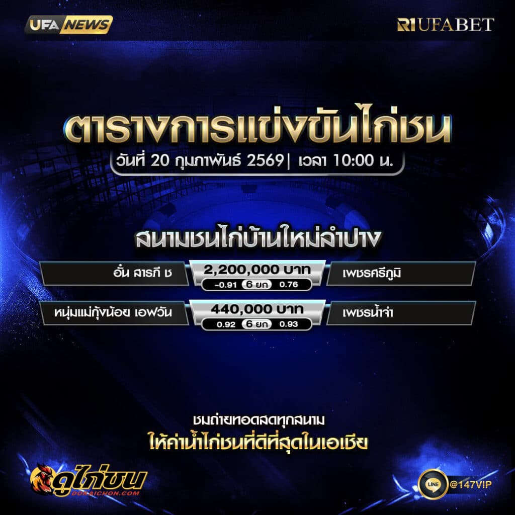 ตารางไก่ชน20-01-69 สนามชนไก่บ้านใหม่ลำปาง