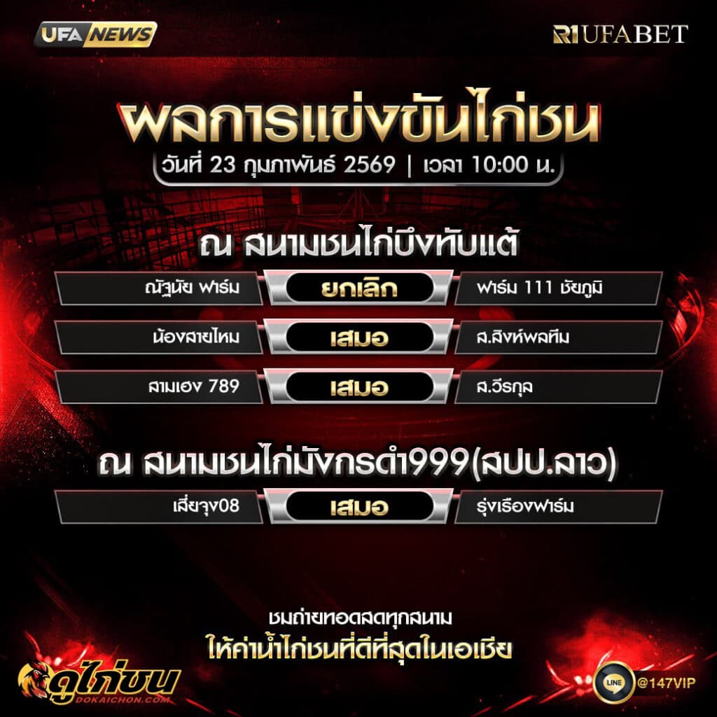 ผลไก่ชน 23-02-69 ณ สนามชนไก่บึงทับแต้