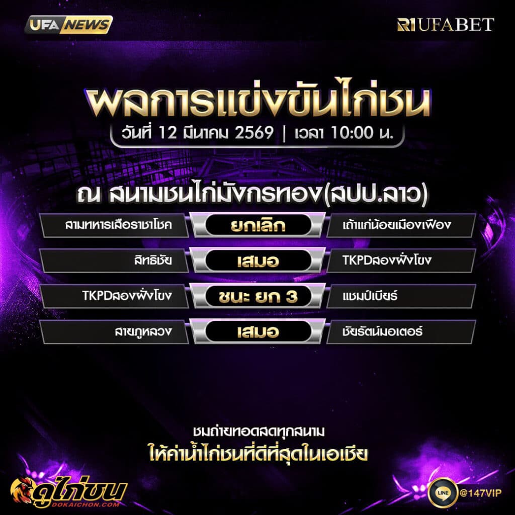 ผลไก่ชน 12-03-69 สนามชนไก่มังกรทอง สปป.ลาว