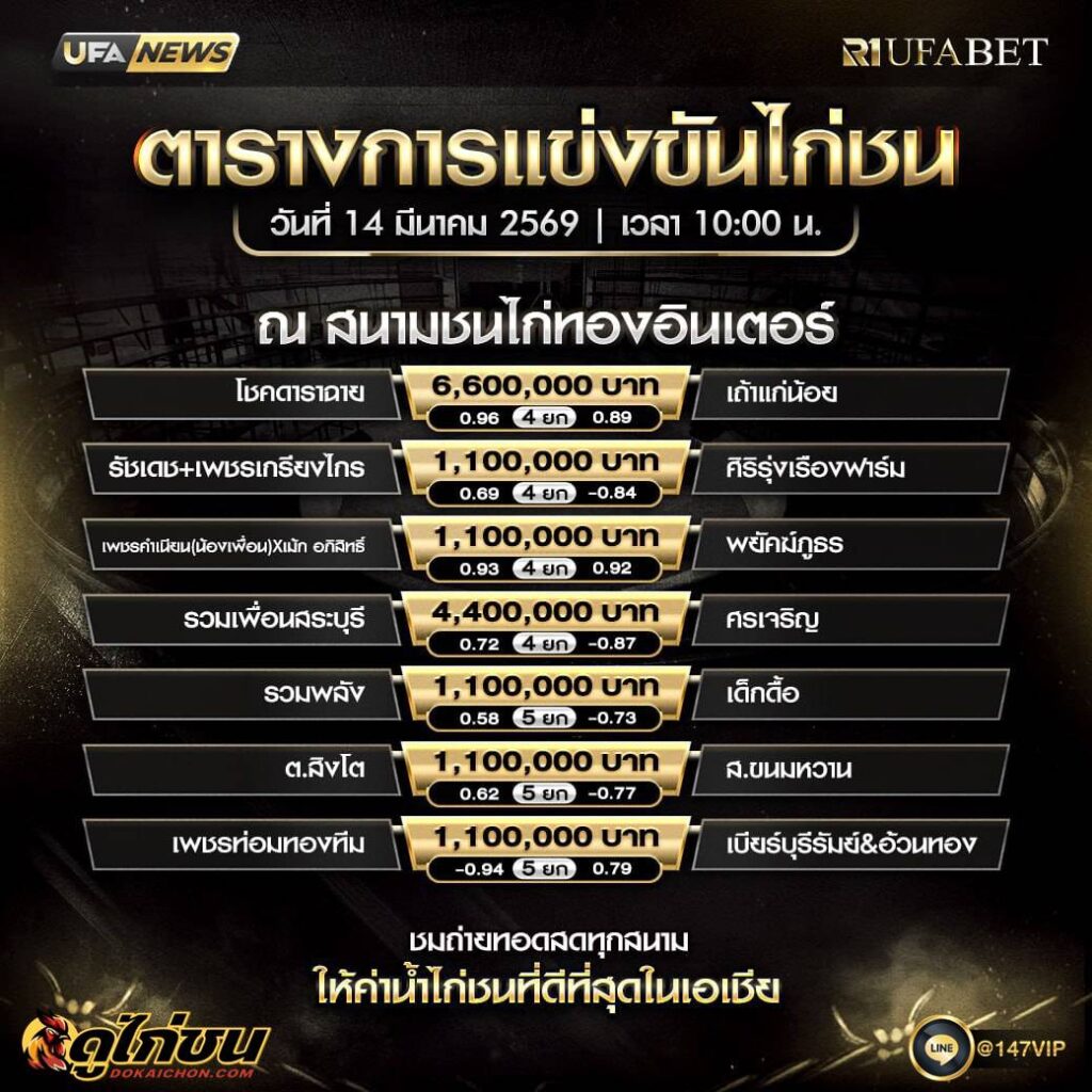 ตารางไก่ชน 14-03-69 ณ สนามชนไก่ทองอินเตอร์