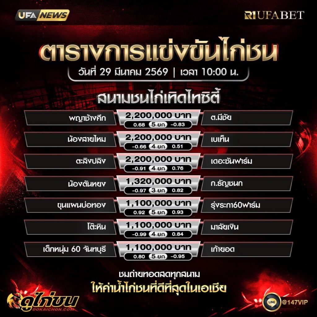 ตารางไก่ชน 29-03-69 สนามชนไก่เทิดไทยซิตี้