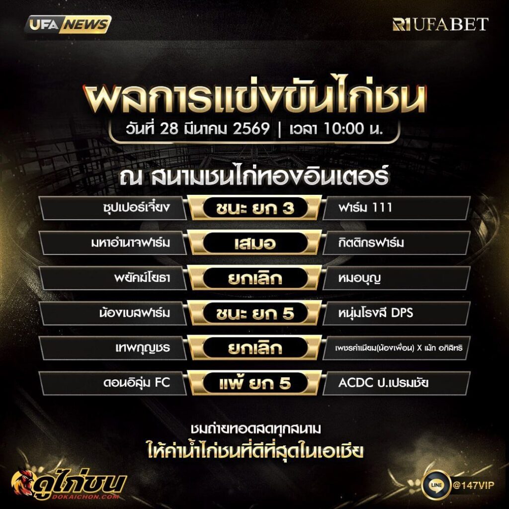 ผลไก่ชน 28-03-69 ณ สนามชนไก่ทองอินเตอร์